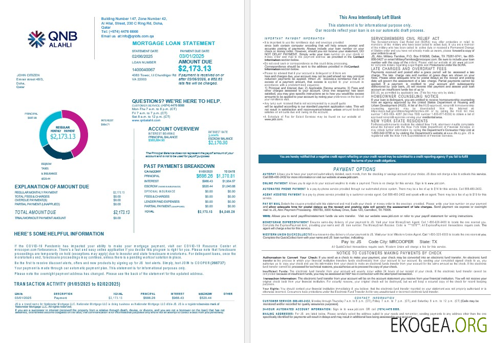 Relevé hypothécaire de la banque Qatar QNB Alahli aux formats Word et PDF 1 , 2